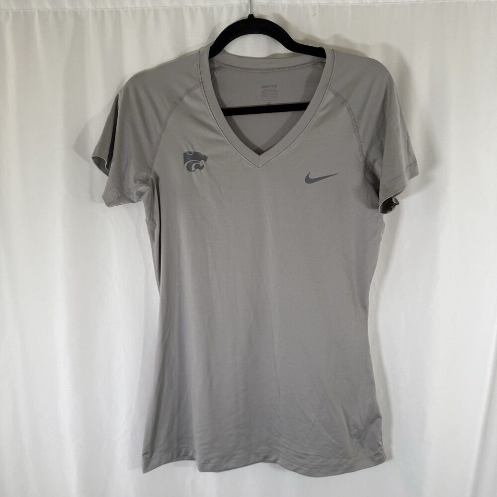 K State Wildcats Nike Pro Shirt Women's Large Solid Grey Short Sleeve Vneck